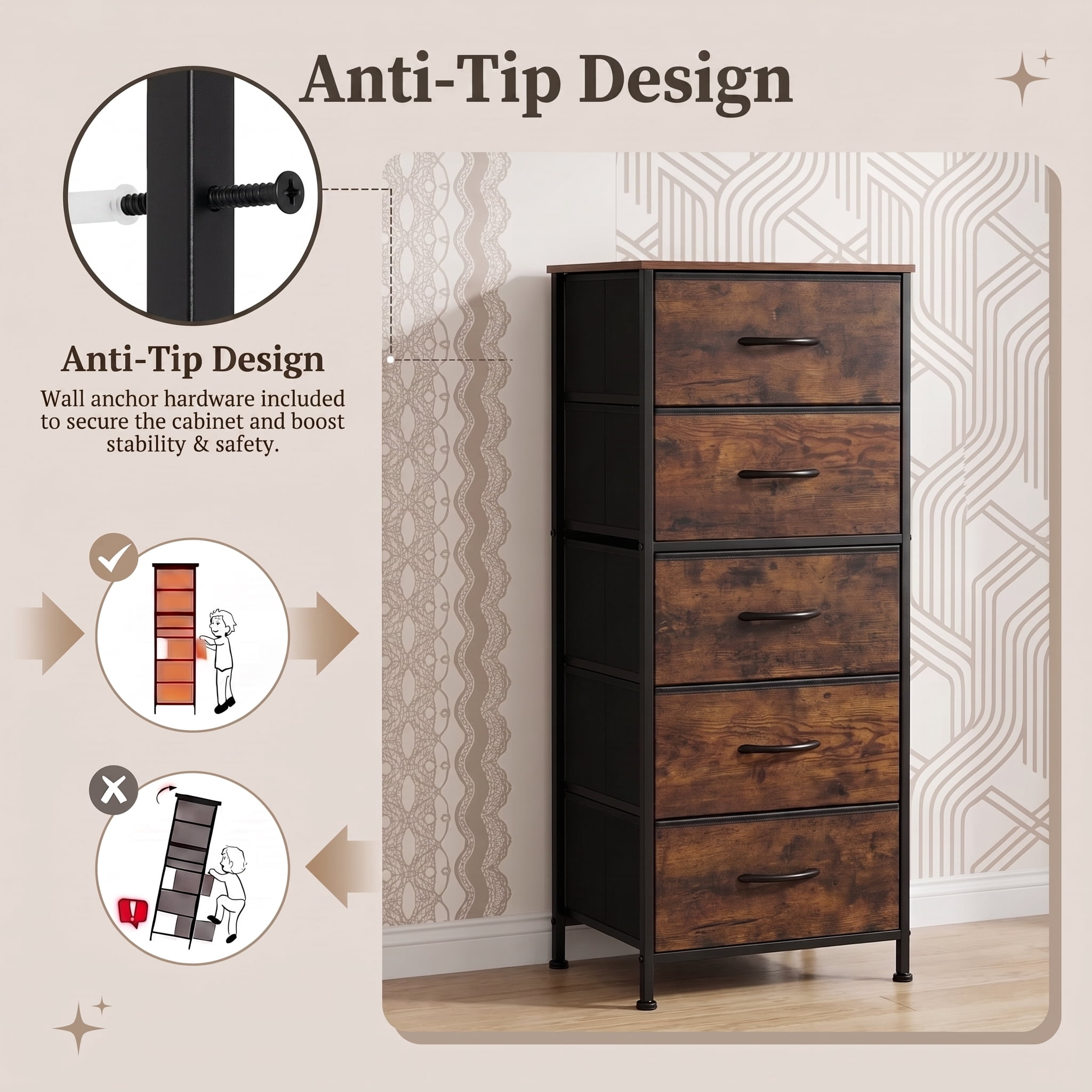 TrumanPick Fabric Storage Drawer Bedroom Dresser, Tall Dresser for Closet, 5 Fabric Dresser with 5 Storage Drawers for Clothes, Living Room, Hallway, Entryway, Rust