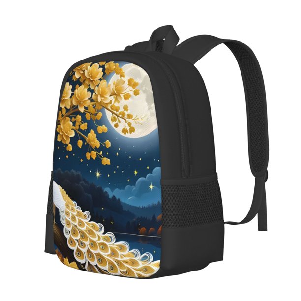 Easygdp Moonlit Golden Tree Peacock Mochila de Gran Capacidad Minimalista Ideal para Escuela, Viajes y Uso Diario