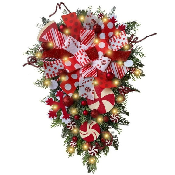 Tkrady Christmas LED Wreath, Xmas Teardrop Warm Lights Wreath, Green Leaves Wreath, Wall Hanging Door Garland, For Xmas Front Door Window Holiday LED Decor