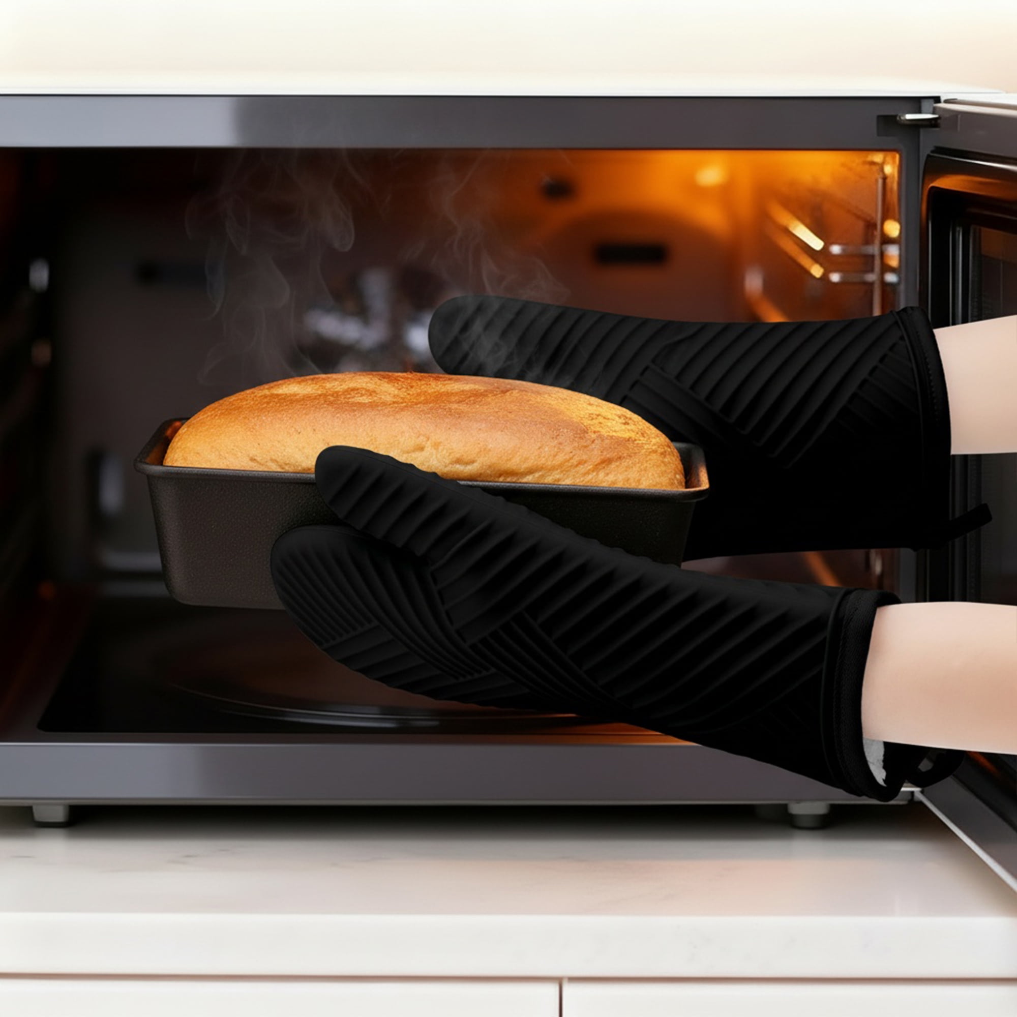 REGALWOVEN Oven Mitts and Pot Holders Sets of 4, Heat Resistant and Non-Slip Black 13x7.5inch