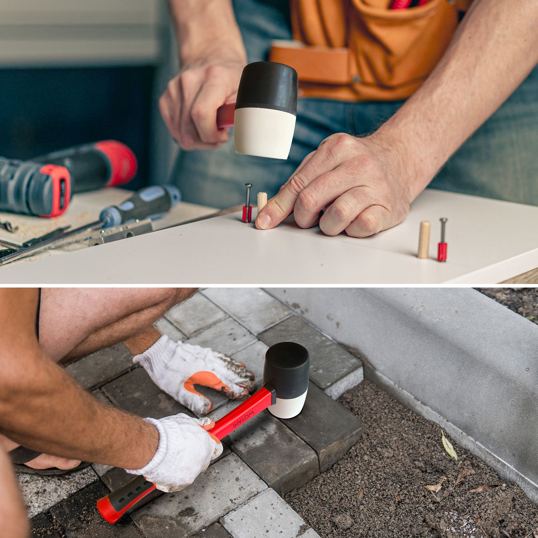 WOTAHI 2-Piece Rubber Mallet Hammer Set-16 oz. White and Black Rubber Mallet and 35 mm Dual Nylon Head Installation Hammer, Soft Grip Fiberglass Handle, Double-faced Non-marring and Solid Head