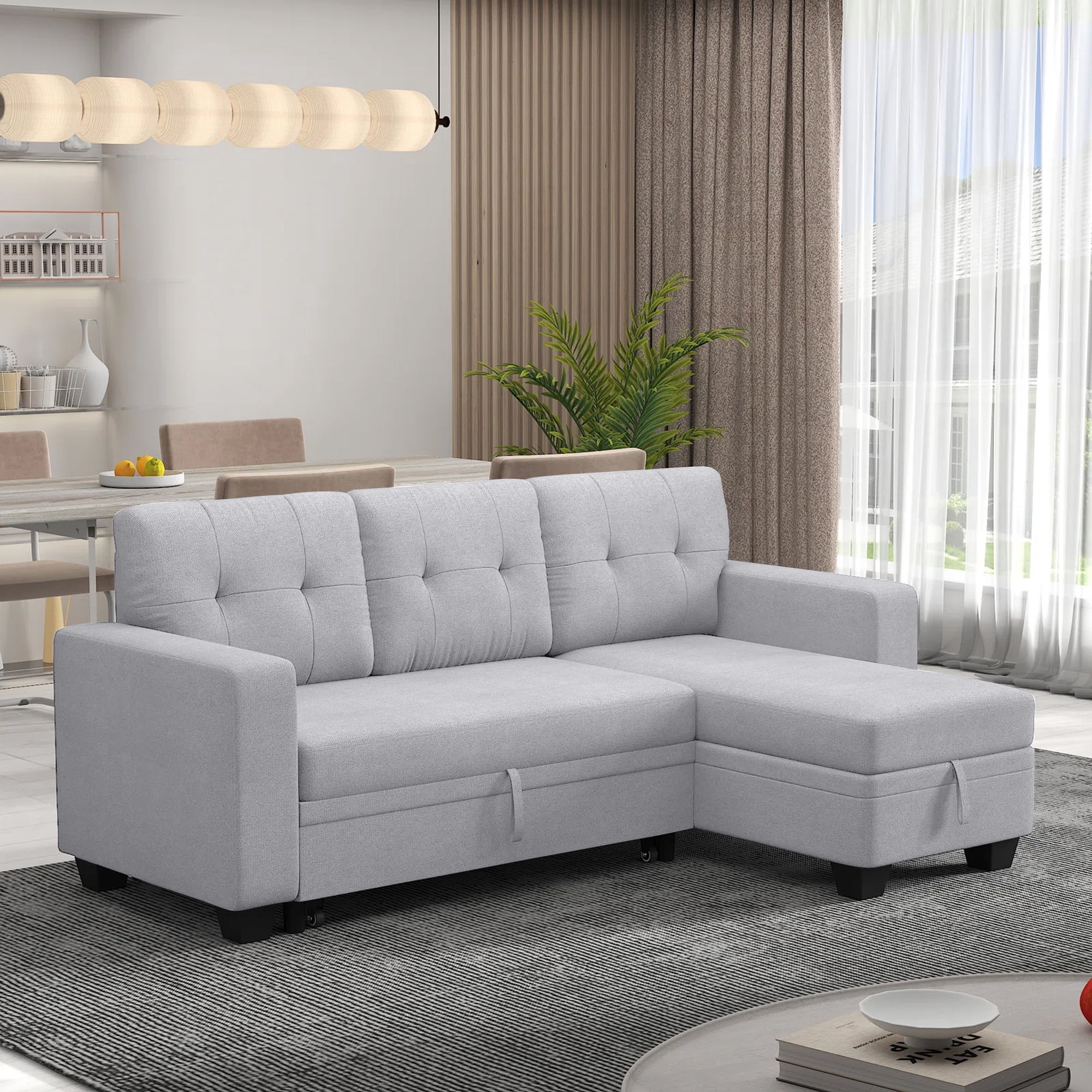DEALTOPS Linen Reversible Sleeper Sectional Sofa Bed with Storage Chaise,Gray
