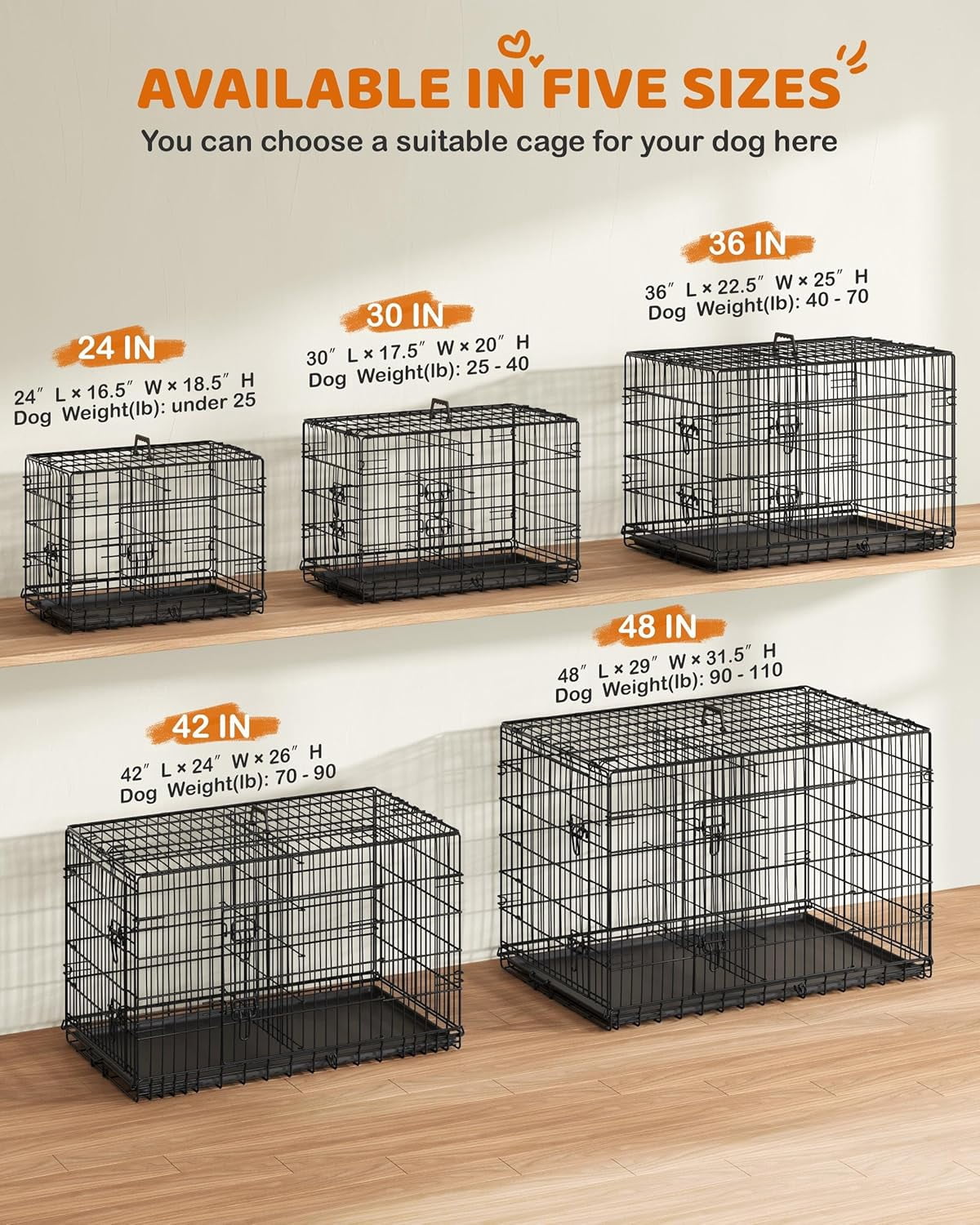 LibraMAl 24 inch Dog Crate Double Door w/Divider for Puppy Collapsible Metal Crate with Removable Tray Wire Kennel Pet Crate for Small Dogs Portable Travel Cage, Black