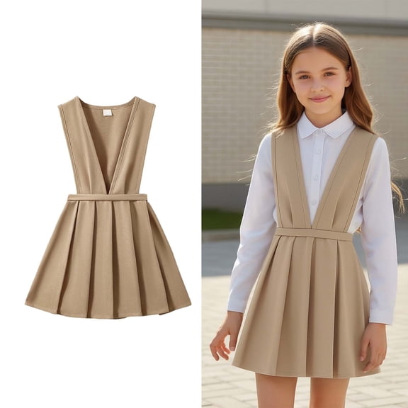 Toddler Uniform Dresses for Girls Sleeveless V-Neck Jumper Dress Pleated Skirt Summer Khaki Uniform Dresses Cute Clothes for Girls 2-3 Years