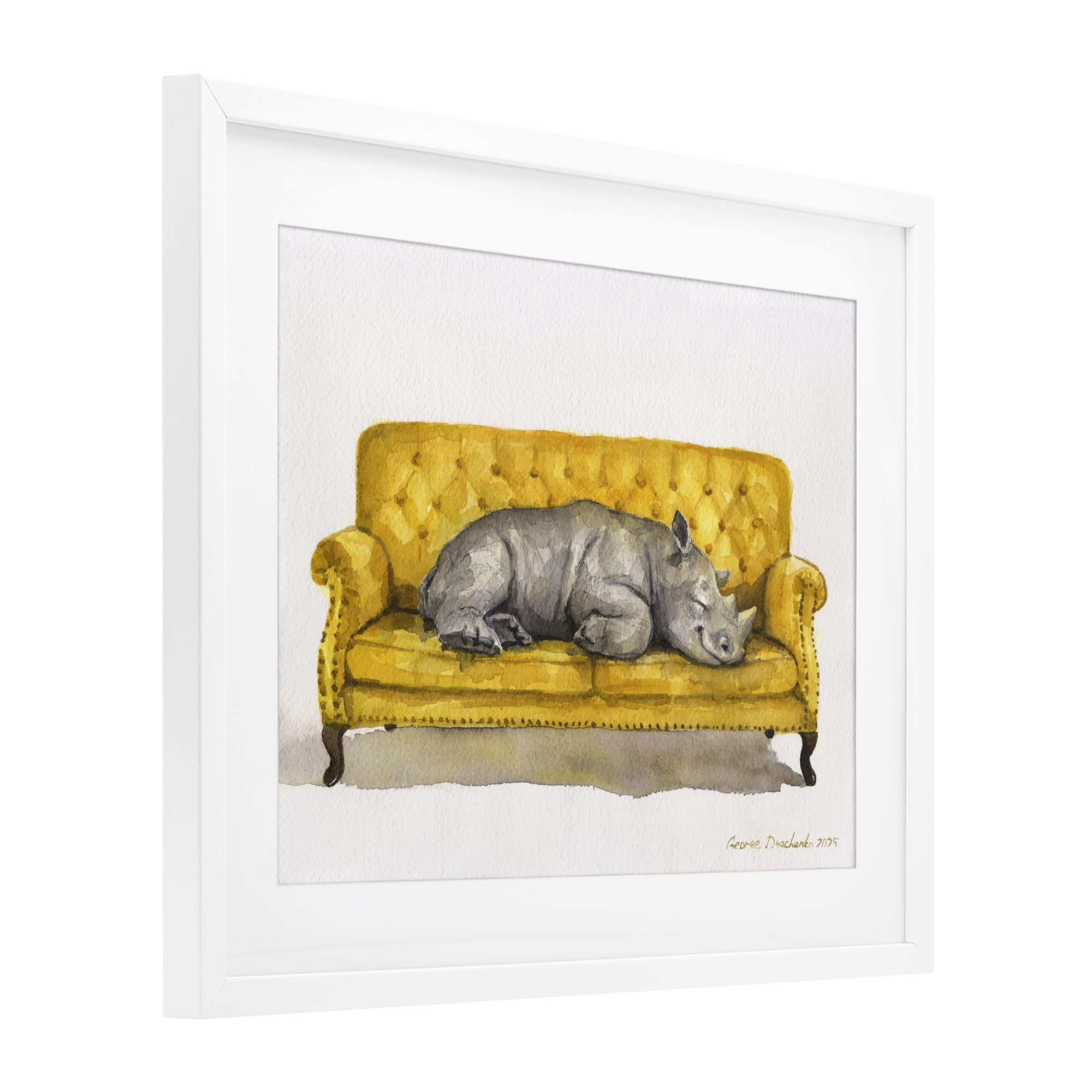 Stupell Industries Cute Rhino Resting White Framed Print Under Glass, design by George Dyachenko