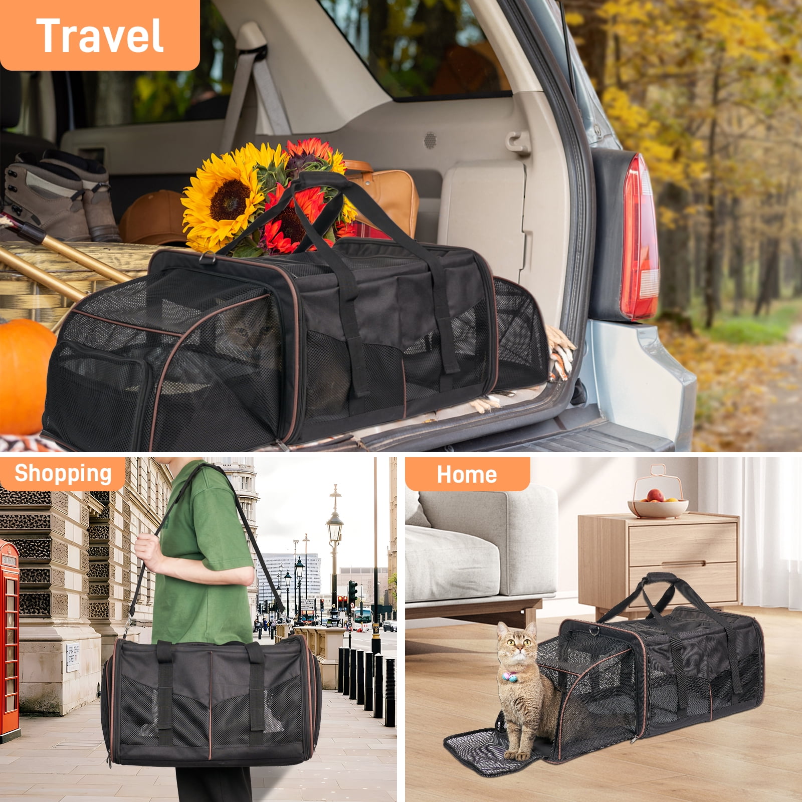 LitaiL Cat Carrier for 2 Cats, 2-in-1 Double Pet Carrier with 2 Litter Boxes, Portable Soft Sided Dog Carrier for Traveling, Black