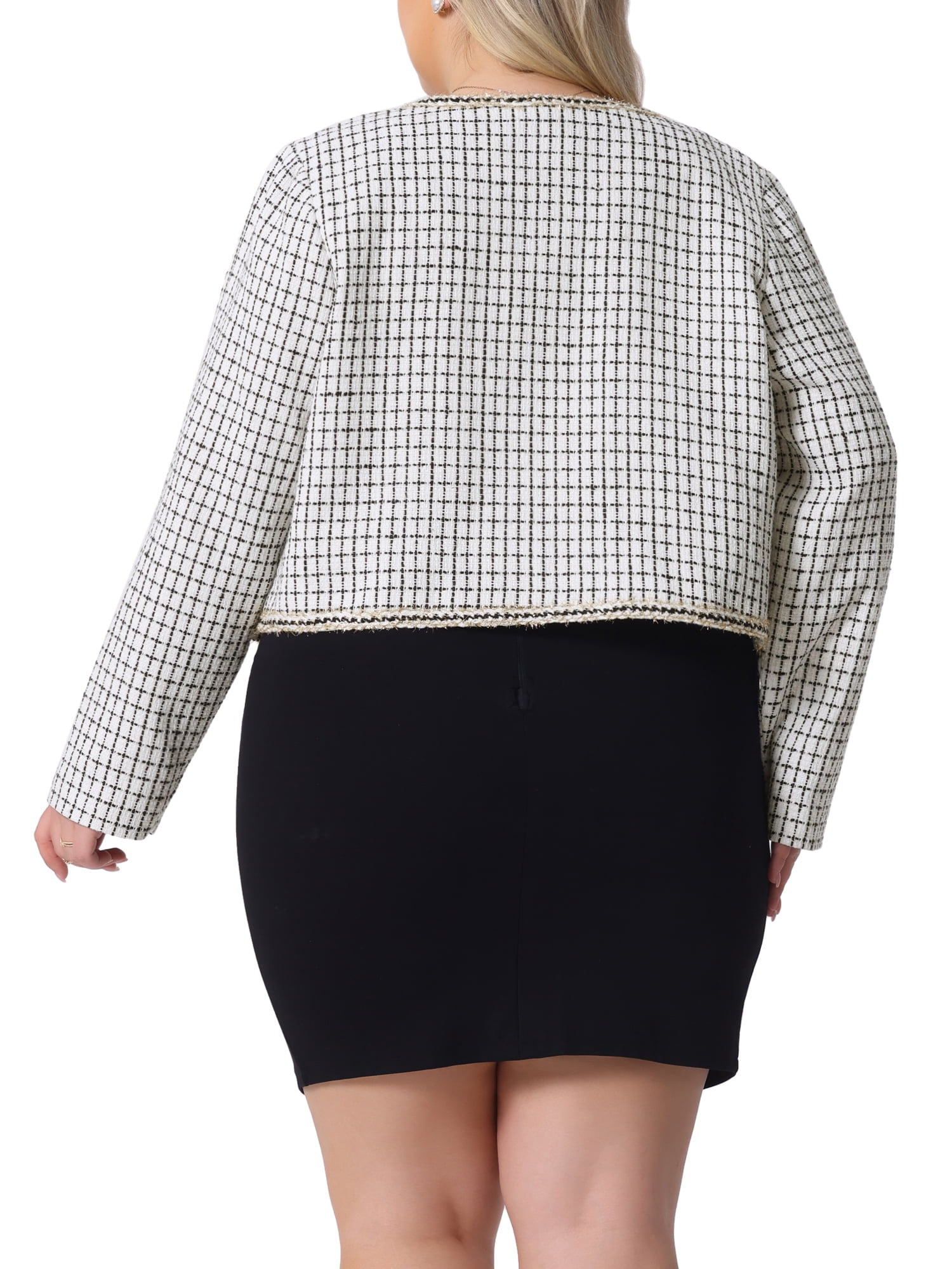 DARING DIVA Plus Size Plaid Tweed Blazer Collarless Open Front Jacket 2X White