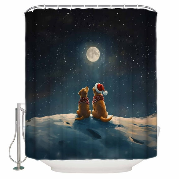 Extra Long Shower Curtain 72x84 Inch, Christmas Dog Shower Curtain Waterproof Bathroom Decor Winter Moon Snowflake Night View Xmas Fabric Bath Curtain Set Accessories with Hooks