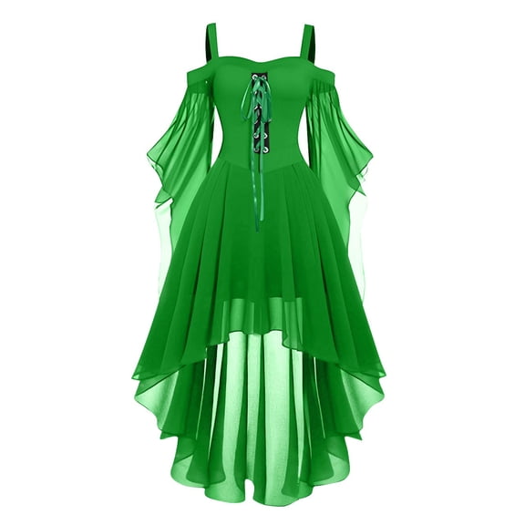 Women's Halloween Witch Costumes, Off the Shoulder Dress Spaghetti Strap Chiffon Dress with Asymmetrical Hem and Butterfly Sleeves, Gothic Court Style Outfit for Halloween Parties