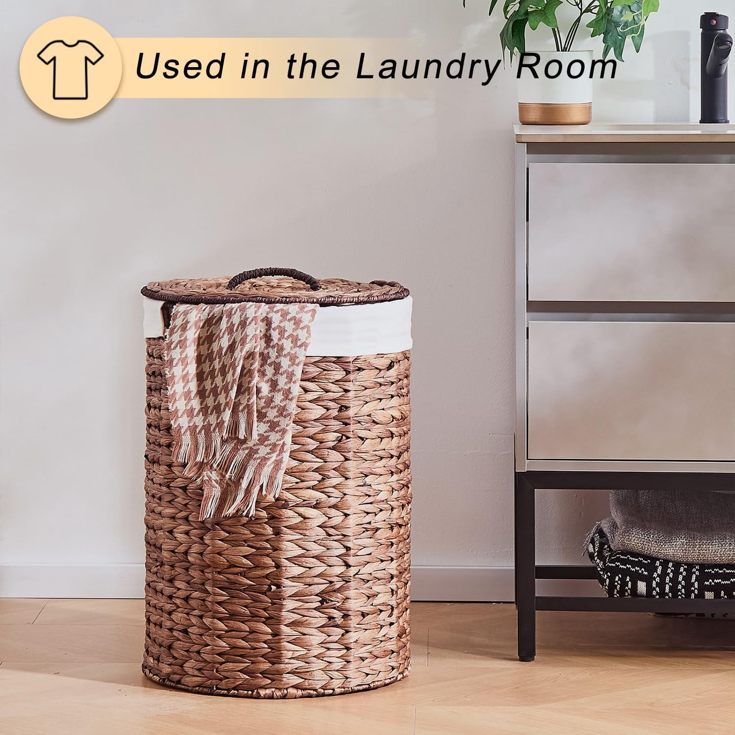 Casa Pura Furniture Handwoven Round Water Hyacinth Laundry Hamper with Lid, 60L Wicker Storage Basket with Handles, No Assembly Needed for Bedroom Bathroom Home Organization