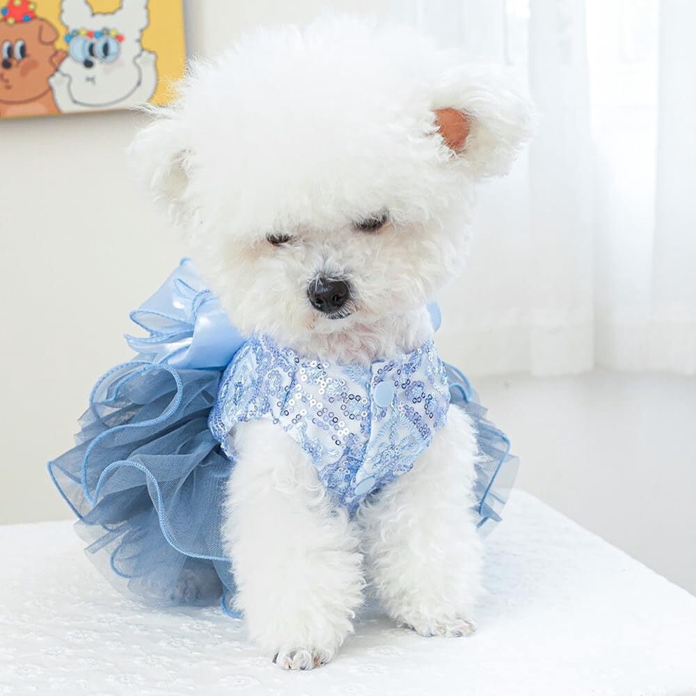 ANIAC Gray Dog Dress for Small Dogs Female,Bow Knot Girl Puppy Clothes with Detachable Pearl Necklace, Elegant Cat Dress, Formal Pet Pary Outfit for Wedding Birthday Valentines (Gray, Large)