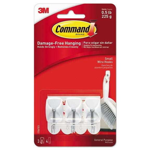 Command 17067ES Hooks w/Adhesive Strips,Small Wire,Holds 1/2 lb,3/PK,WE