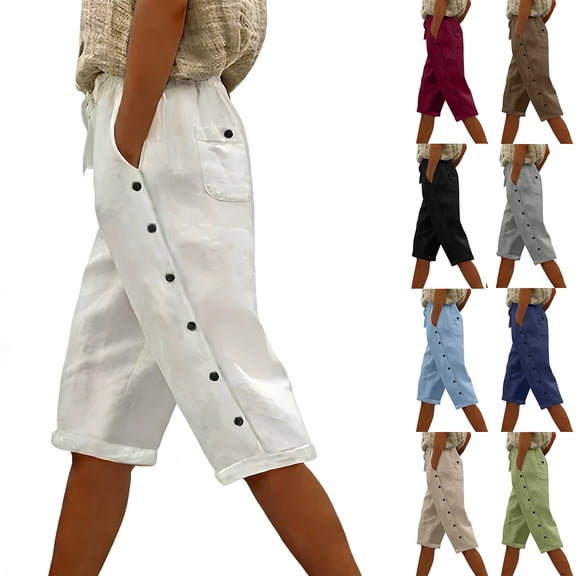 TAGOLD Womens Half Shorts Pants Solid Color High Waist Drawstring Elastic Waist Side Button Shorts