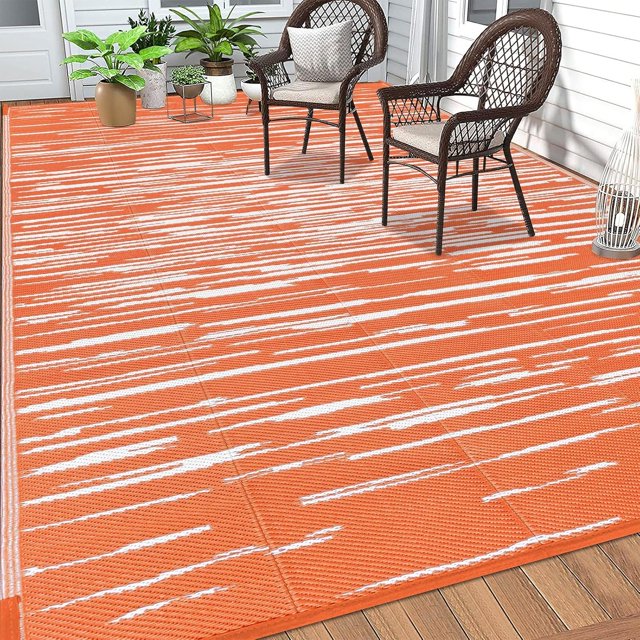 Findosom 9'x12' Waterproof Stripe Outdoor Rug, Foldable Reversible Plastic Straw Rug, Large Patio Rug for Outdoors, RV, Patio, Backyard, Deck, Picnic, Beach, Camping Orange