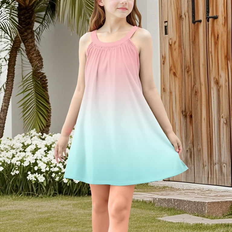 Huvoen Summer Dresses for Girl Beach Vacation New Girls Gradient Tank Dress Summer Sleeveless Flowy Beach Dresses A-Line Smocked Midi Sundress Pinky