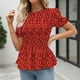 thumbnail image 2 of Camiseta de verano con dobladillo con volantes y mangas cortas con cuello redondo y estampado floral elástico para mujer Rojo L, 2 of 6