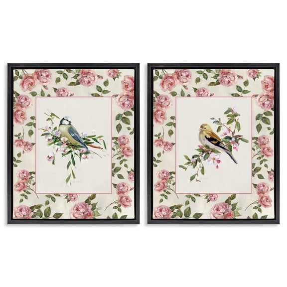 Stupell Industries Dainty Roses & Birds 2 Piece Black Framed Floater Canvas Set, design by Sally Swatland
