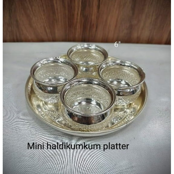 german silver tray with 4 bowls set for snacks/ haldi kumkum set/ holi platter/ gift item