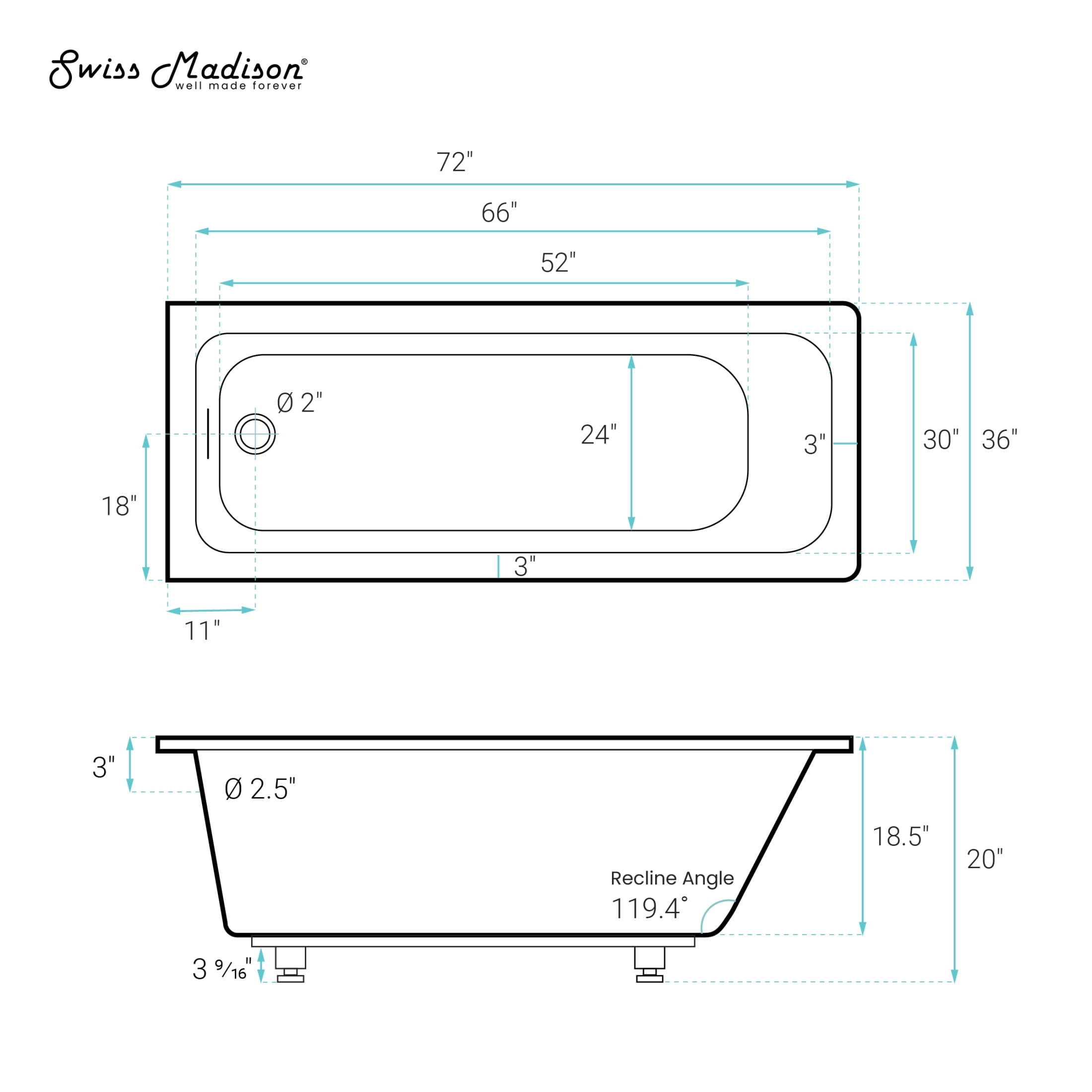 Voltaire 72 x 36 Reversible Drain Soaking Drop-in Bathtub in Glossy White with Integrated Overflow, Drain Included