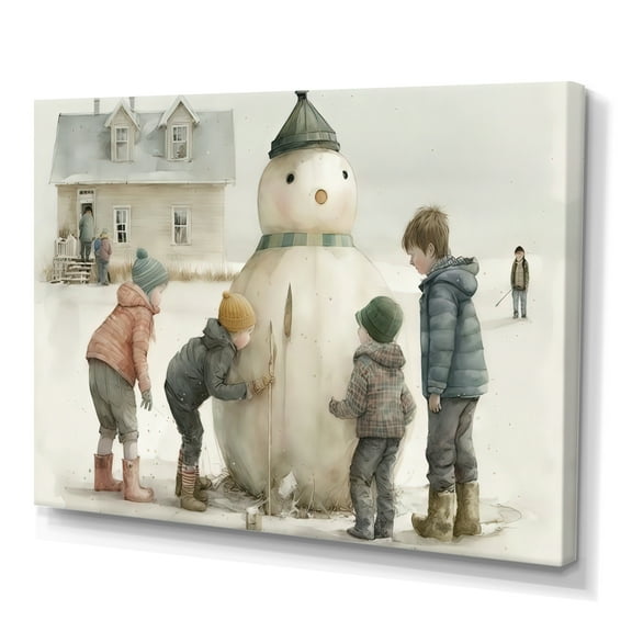 Designart Kids Building A Huge Snowman I Canvas Wall Art