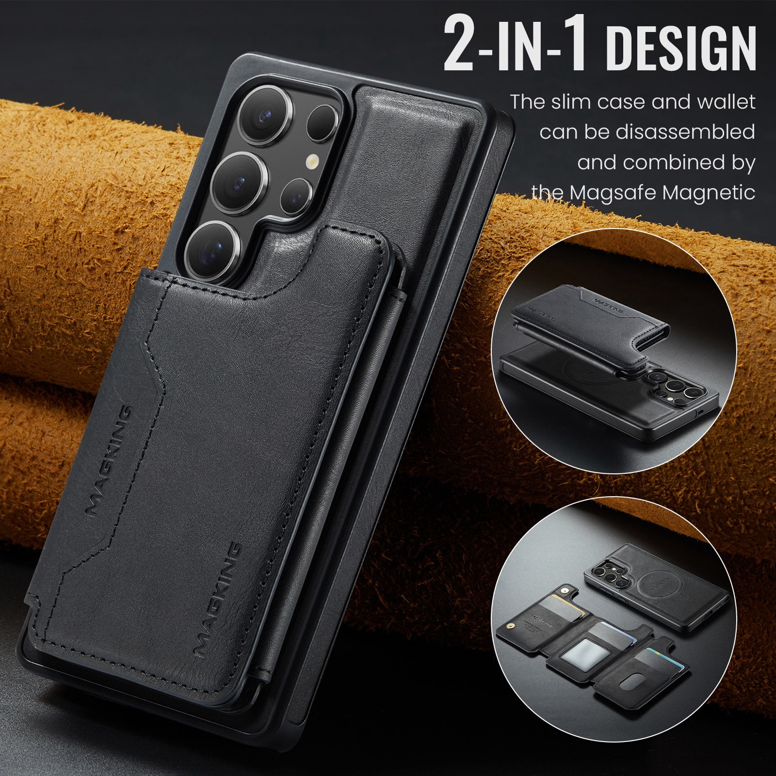 Designed for Samsung Galaxy S23 Ultra Wallet Phone Case,Magnetic Detachable Flip Card Holder,Back Flip Kickstand,Compatible with Mag-Safe,2-in-1 PU Leather Heavy Duty Shockproof Phone Case,Black