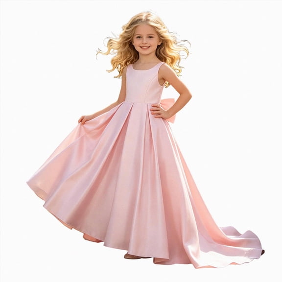 JUMEYU Little Girls Satin Flower Girl Dress Long Sleeveless Bow Wedding Formal Gown Dresses Size 11 (Light Pink,11 Years)
