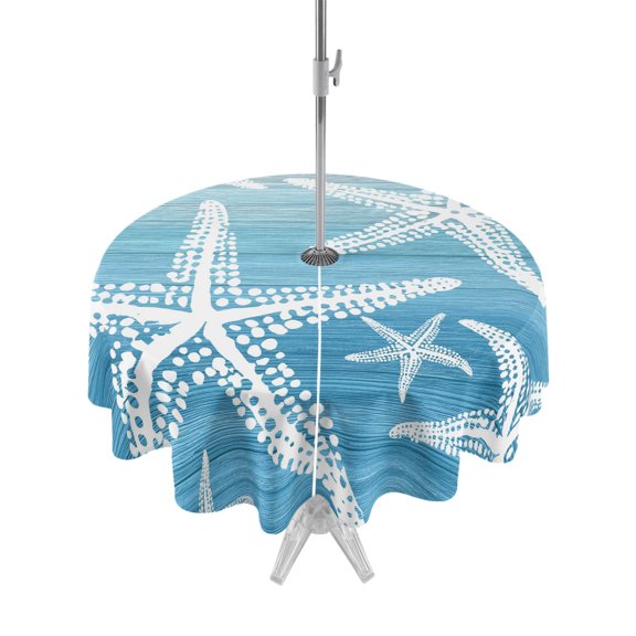 Outdoor Tablecloths with Umbrella Hole & Zipper, Gray Blue Starfish Round Tablecloth 54 Inch, Summer Coastal Nautical Ocean Classic Waterproof Table Cloth, Patio/Pool/Picnic Table Covers