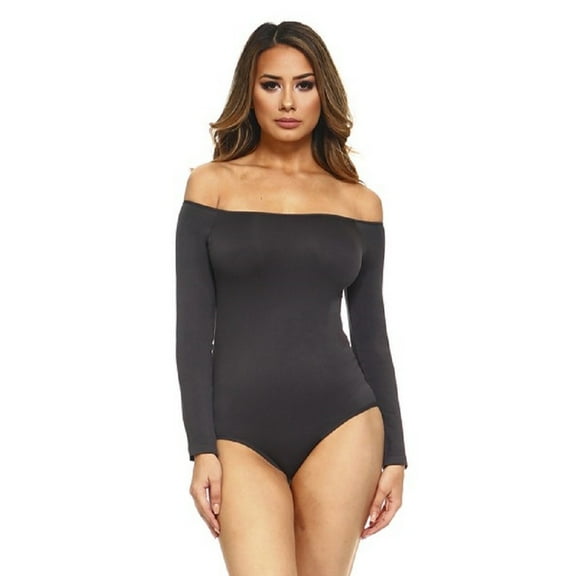 Women Long Sleeve Off Shoulder Bodysuit, Charcoal