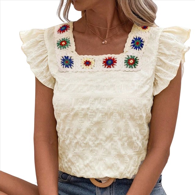Blusa de Verano con Bordado Floral y Mangas Acampanadas para Mujer, con Cuello Cuadrado y Textura. Azul Oscuro XL