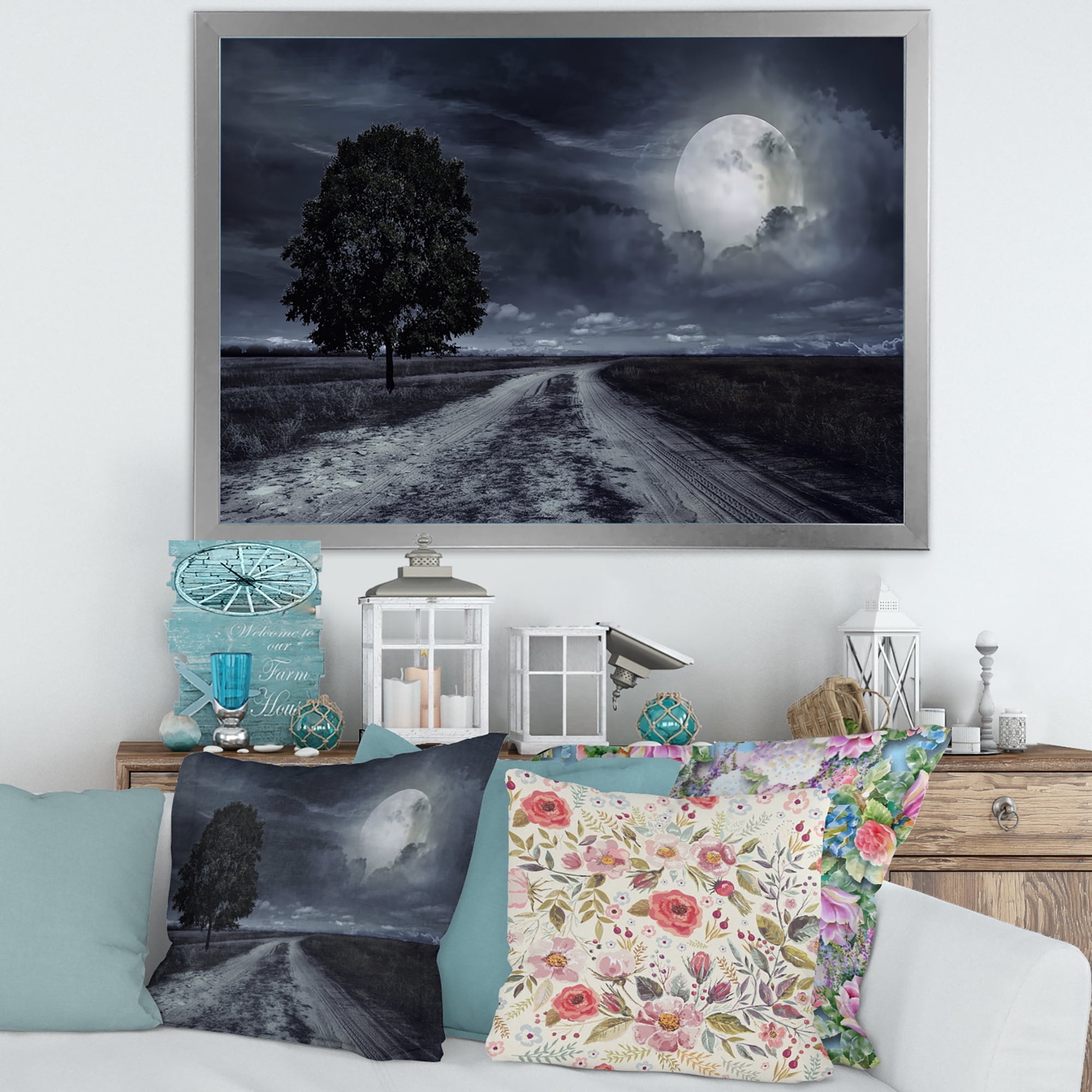Designart 'A Full Moon Over Paved Road' Nautical & Coastal Framed Art Print