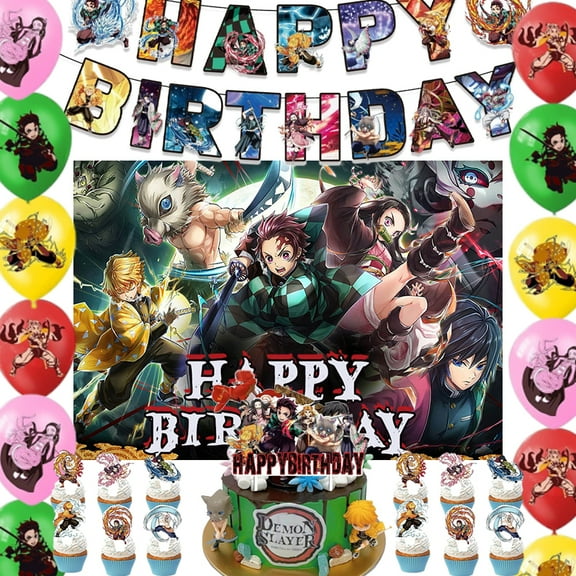 35pcs cartoon animation birthday party supplies,Demon Cartoon themed party favors include banners, balloons, cake decorations and backdrops, suitable for many occasions