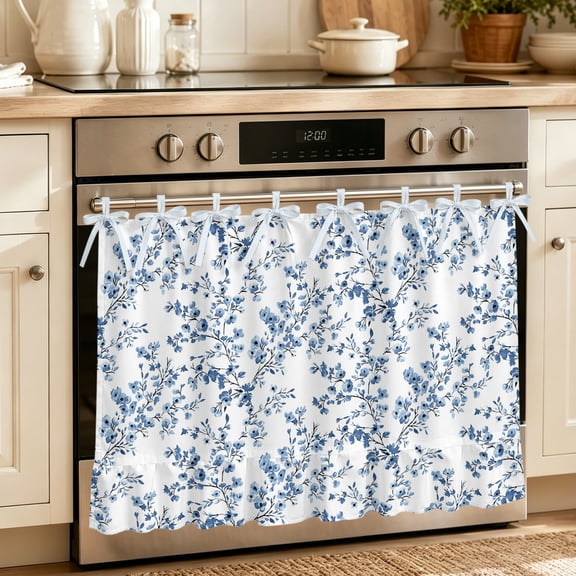 Oven Skirt Curtain for Kitchen 20x27 Inch, Navy Blue Spring Floral Oven Curtain with 8 Ribbon Ties & Ruffle Trim, Stove Skirt Curtain Dishwasher for Cabinets Over Sinks Elegant Pastoral Flowers