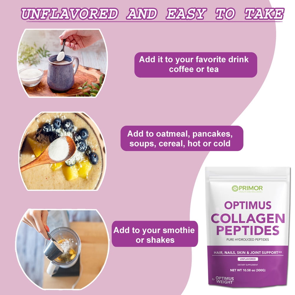 Optimus Weight Collagen Pure Hydrolyzed Peptides Supplement Powder - For Hair, Skin, Nails and Joint Support - Type I & III - For Women & Men (Unflavored, 30 Servings)