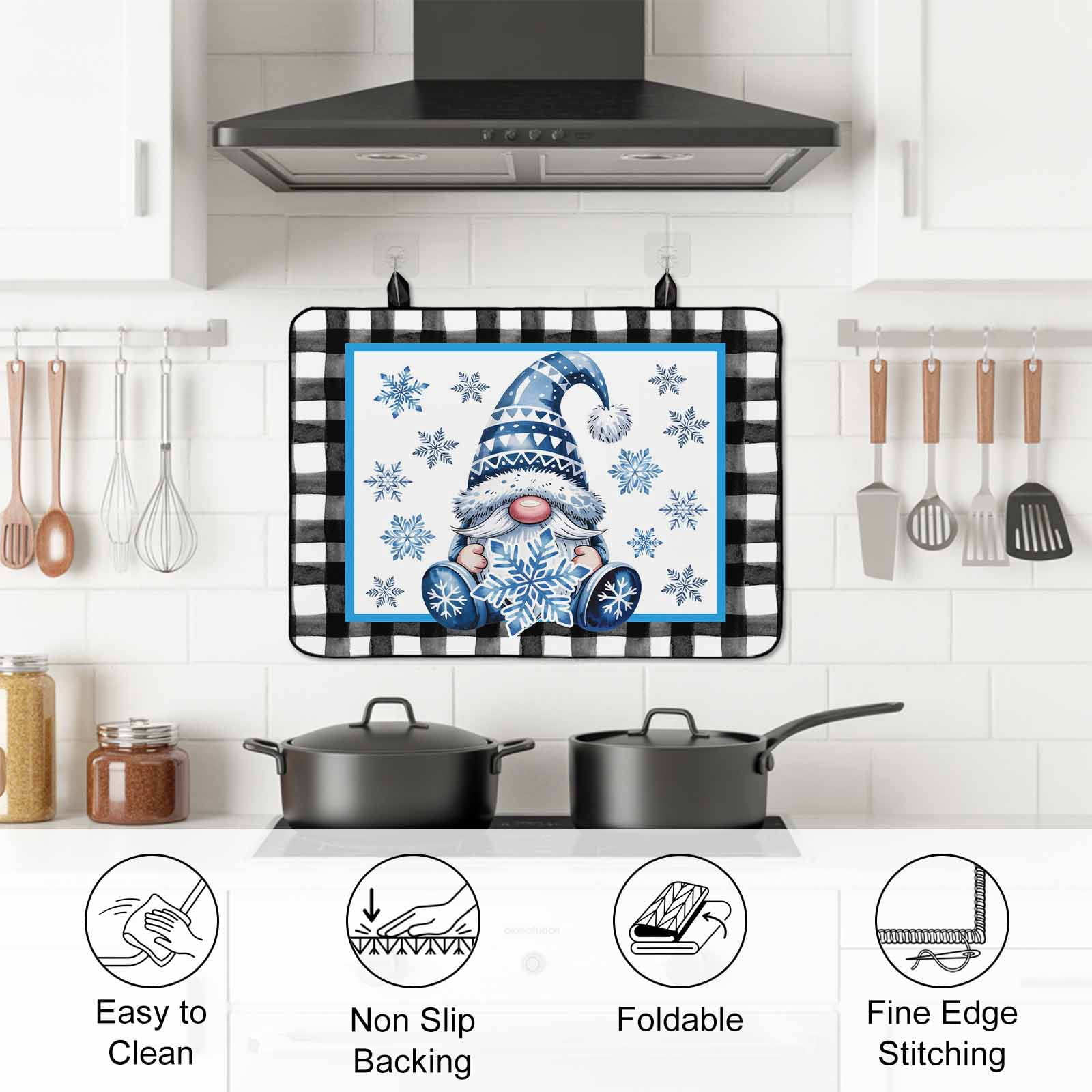Christmas Stove Top Cover for Electric Stove, Heat-proof & Non Slip Glass Top Stove Cover Protector, Winter Blue Snowflakes Gnomes Black Plaid Kitchen Flat Cooktop Rubber Mat 24x21 Inches