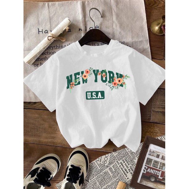 Alphabets graphic print creative T-Shirts, Soft & Elastic Comfy Crew Neck Short Sleeve Tee, Kid's Summer Tops