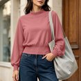 thumbnail image 5 of thefmos Women's Round Neck Long Sleeve Cropped Pullover Top Solid Color Casual Blouse Fashion Fall Winter Clothes, Pink L, 5 of 6