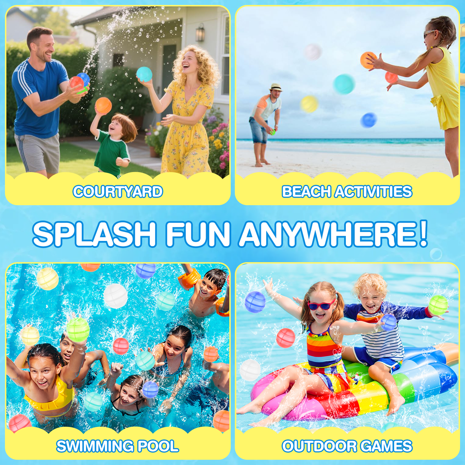 16 Count Reusable Water Balloons, Easy Fill Self Sealing Silicone Water Bombs, Soft Summer Water Toys for Family Backyard Party, Bulk Reusable Water Balloon Set