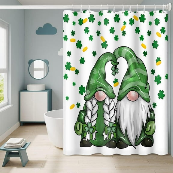 Happy St. Patrick''s Day Shower Curtain Irish Cute Gnome Elf Green Clover and Coins Waterproof Fabric Polyester Spring Holiday Style Sets with 12 Hooks, 36x72 Inch Green and White 2