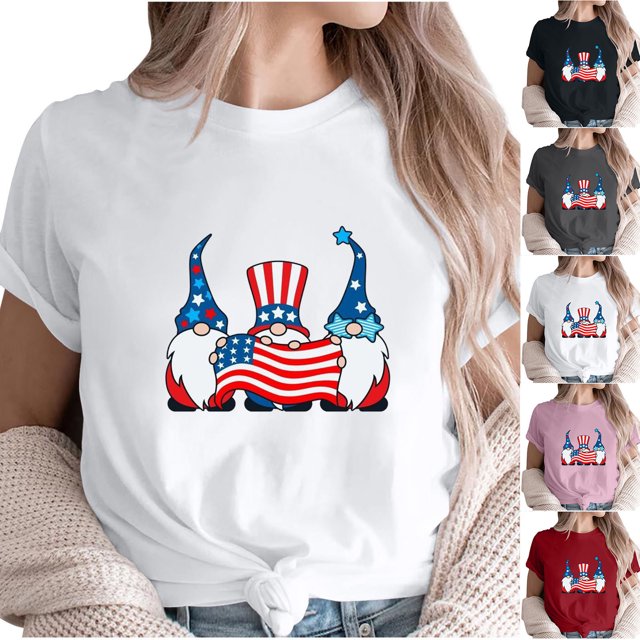 Fiudx Camisetas para Mujer Top de Manga Corta con Cuello Redondo y Estampado Del Día de La Independencia, Informal y Elegante para Mujer