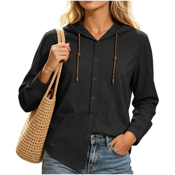 Lmueinov Long Sleeve Shirts for Women 100% Cotton Button Down Drawstring Hooded Shirts Solid Casual Lightweight Going Out Tops for Summer Fall Travel