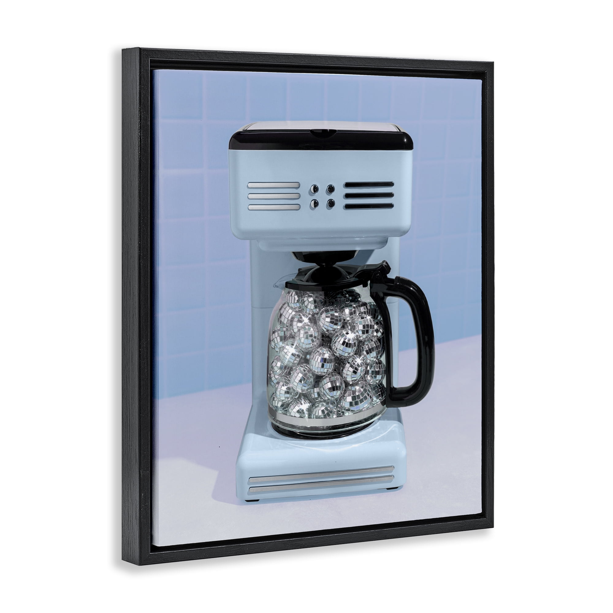 Stupell Industries Disco Coffee Maker over Blue Black Framed Floater Canvas Wall Art, design by LISH Creative