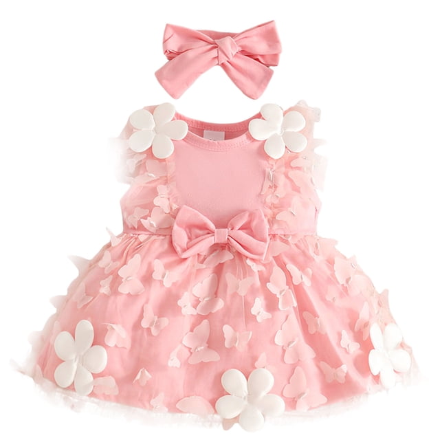 Zshosam Robe d'Été pour Fille Robe Papillon pour Bébé Fille Tutu à Volants Sans Manches Robes Robe de Fête Taille 9 12 Mois,(Rose 9-12 Mois)