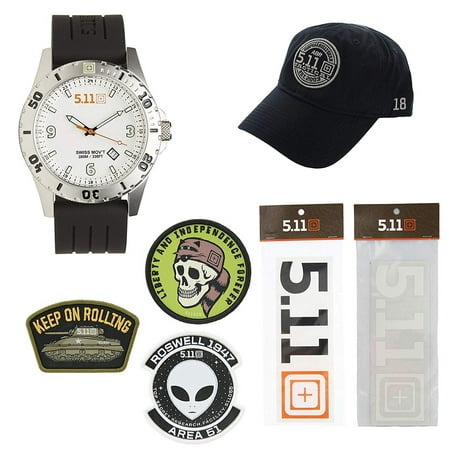 - 5.11 Kits Men's Military Tactical Sentinel Watch, Style 50133, Hat, Patches, and Decals Set Pack - White