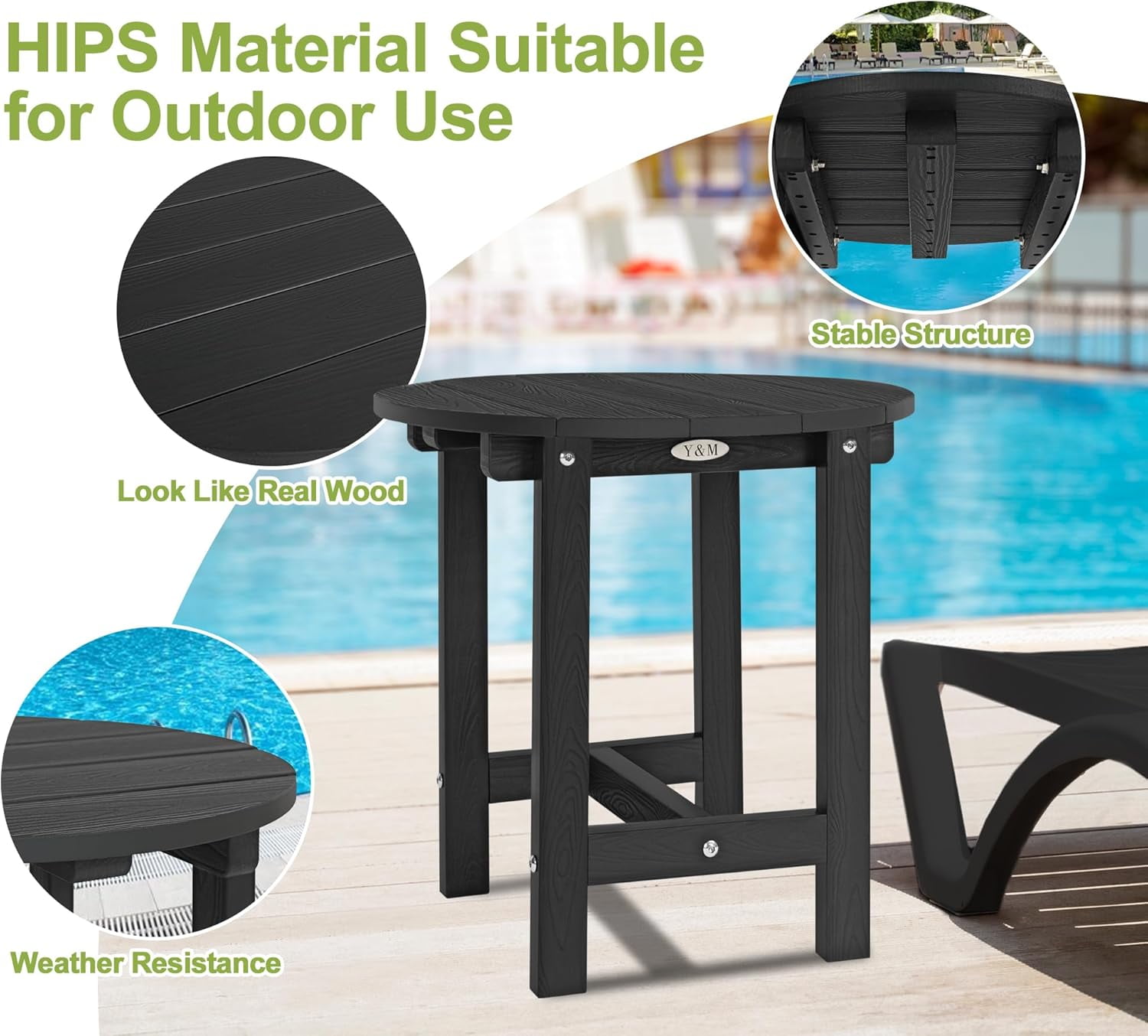 Y&M Outdoor Side Table, Waterproof Four-Legged Round Entryway End Table, Single-Tier HIPS Modern Small Coffee Nightstand for Bedroom, Living Room, Patio, Indoor or Outdoor Use, Black