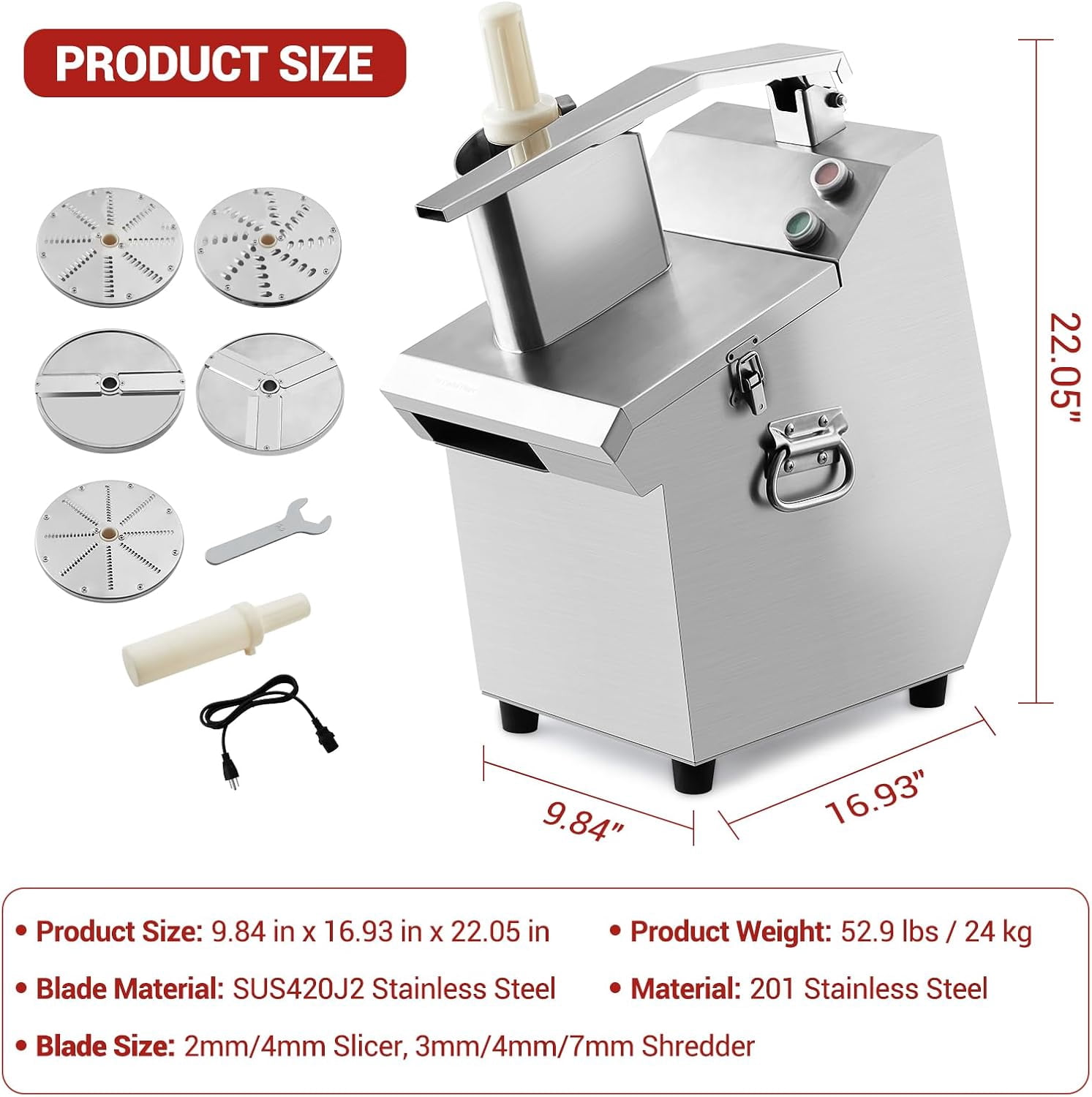 ChaoLink Commercial Food Processor, 3/4/7mm Shred & 2/4mm Slice, Stainless Steel Slicer for Restaurant Kitchen