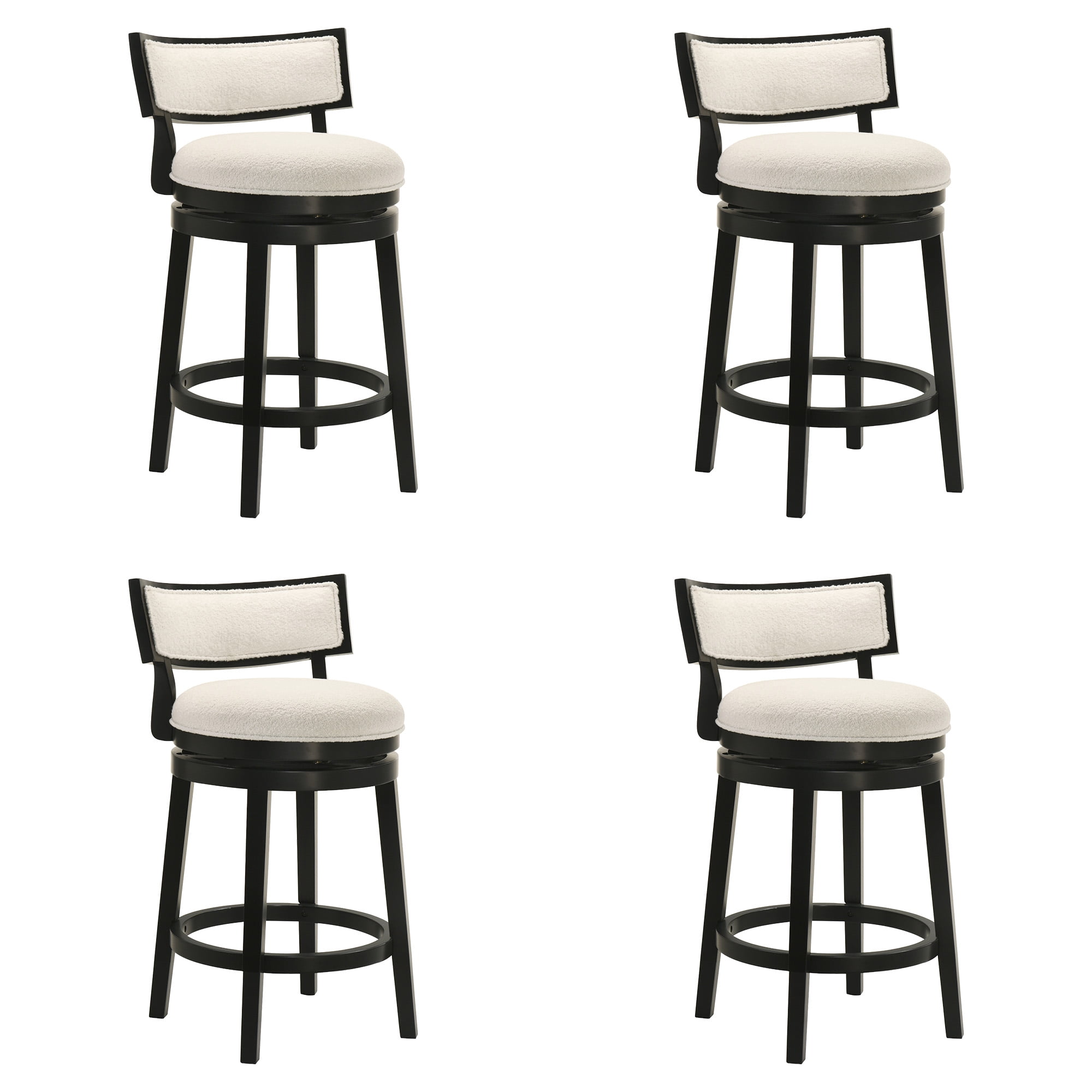Noely Modern Farmhouse Swivel Wood Counter Height Kitchen Bar Stool in Black Finish with White Boucle Fabric Upholstered Seat - Set of 4