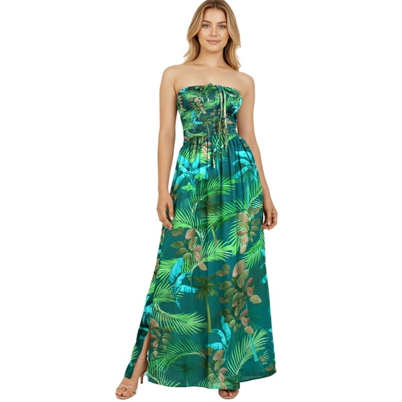 LA LEELA Women's Beach Maxi A-Line Casual Summer Slit Party Strapless Tube Top Dress L-XL Regal, Leaves