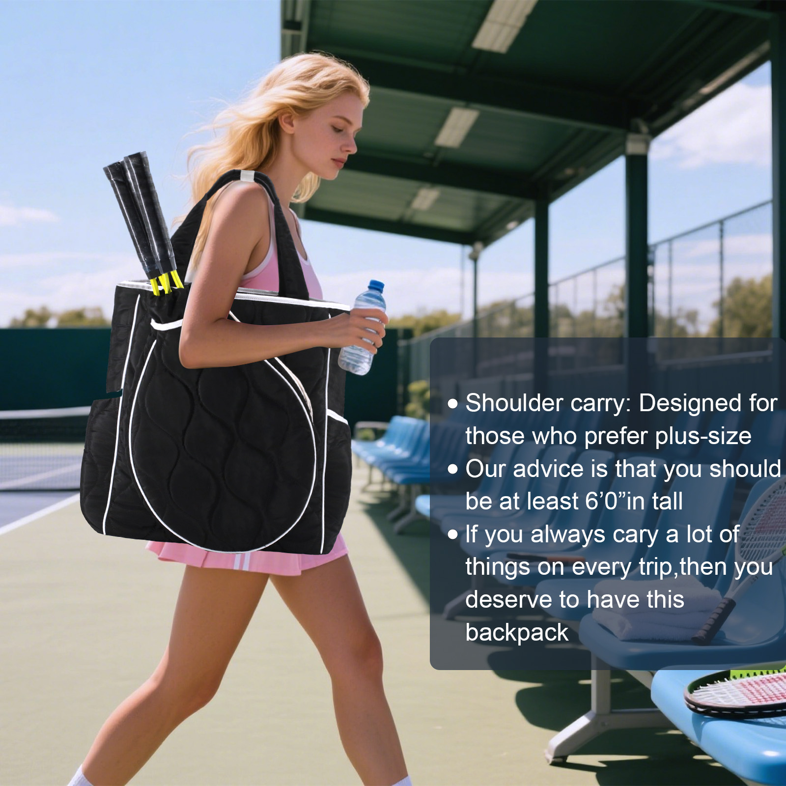 CCGTIOR 2-in-1 Tennis Tote Bag & Tennis Racket Backpack – Extra-Large Quilted Pickleball Racquet Bags, Water-Resistant & Lightweight for Men & Women (Black)