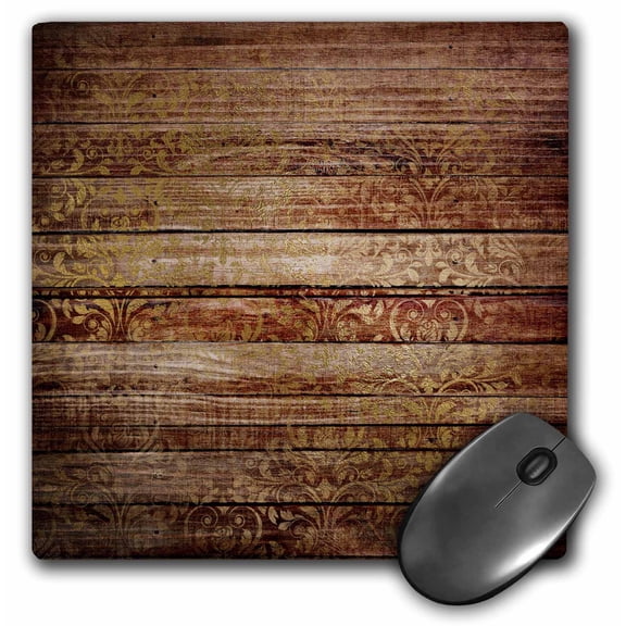 3dRose, Rustic Brown Faux Printed Wood With A Faux Gold Damask Overlay, MousePad