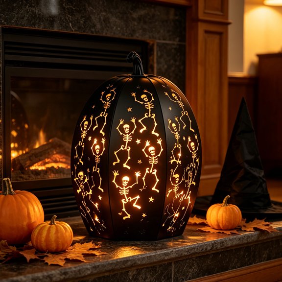 Halloween LED Pumpkin Lantern with Dancing Skeleton Cutouts Light Projecting Jack O Lantern Ornament For Indoor Outdoor Party Yard Decor